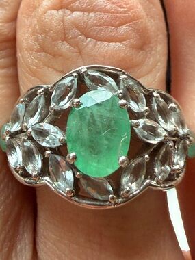 Natural Green Emerald and White Topaz Halo Ring Sz8